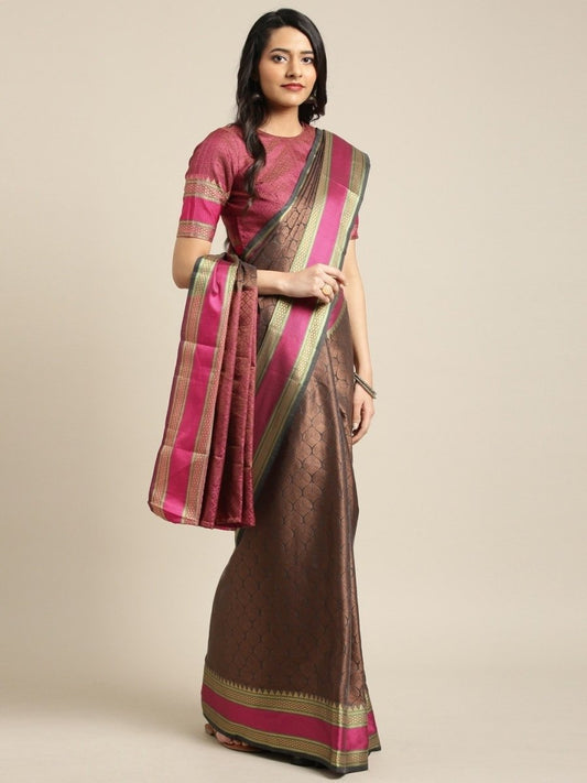 Grey & Brown Cotton Blend Woven Design Saree - inddus-us
