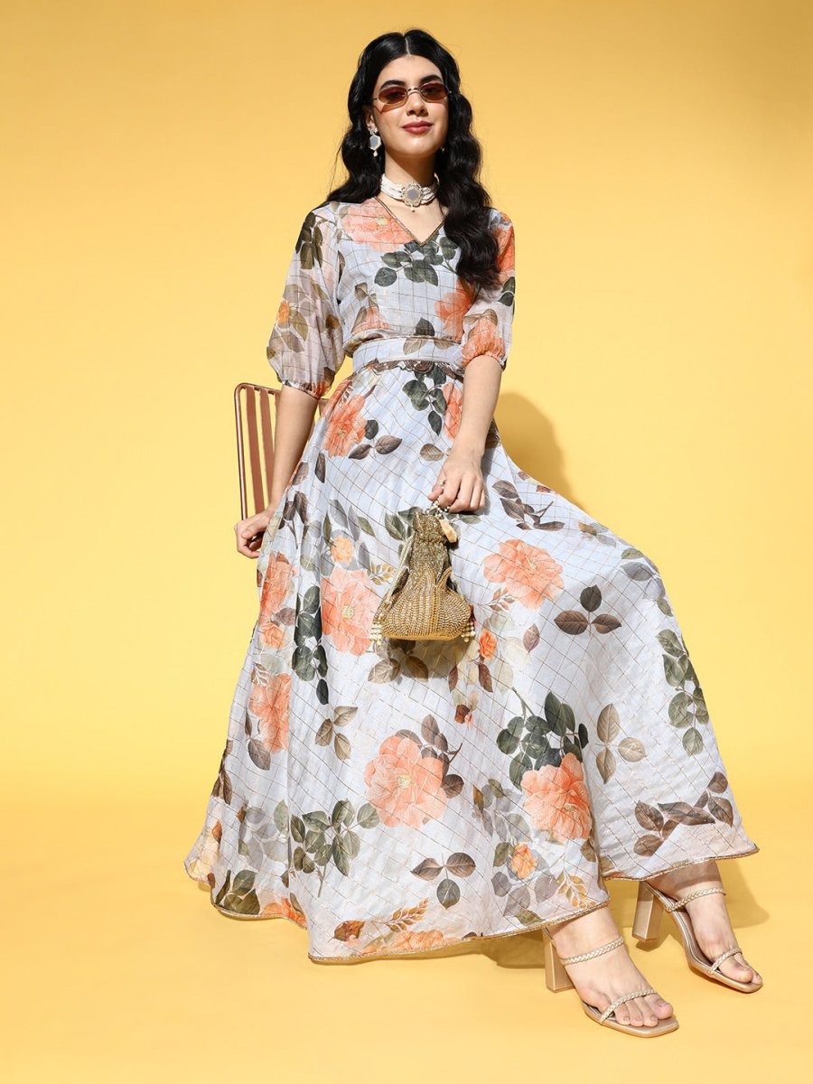 Grey Checked Gown with Embellished Belt - Inddus.com
