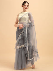 Grey Embroidered Lace Ruffled Saree withSequin Embroidered Blouse - inddus-us