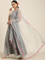 Grey Embroidered Mirror Work Semi-Stitched Lehenga & Unstitched Blouse With Dupatta - Inddus.com