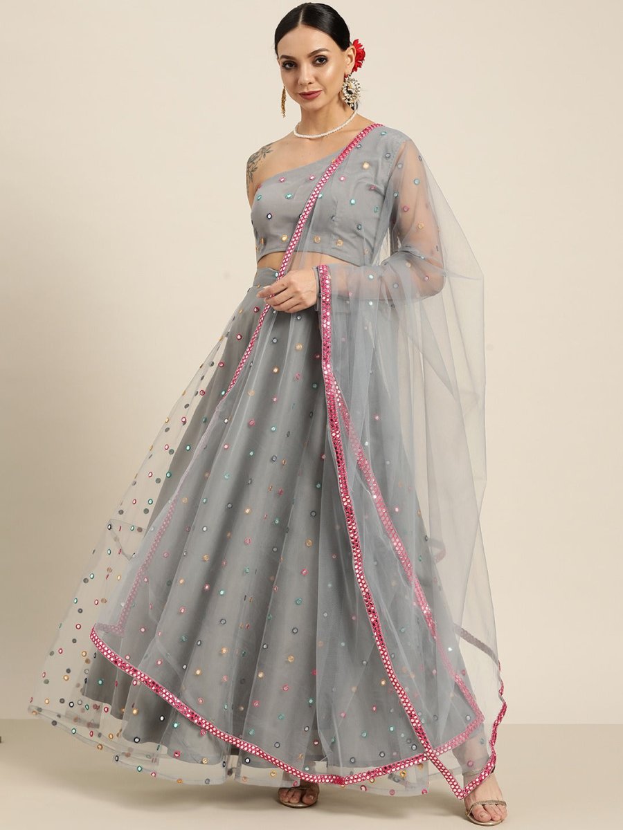 Grey Embroidered Mirror Work Semi-Stitched Lehenga & Unstitched Blouse With Dupatta - Inddus.com