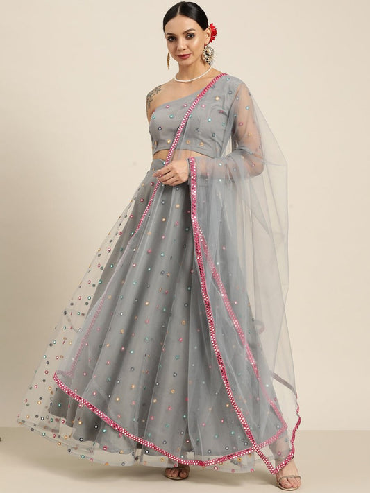 Grey Embroidered Mirror Work Semi-Stitched Lehenga & Unstitched Blouse With Dupatta - Inddus.com