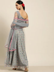 Grey Embroidered Mirror Work Semi-Stitched Lehenga & Unstitched Blouse With Dupatta - Inddus.com