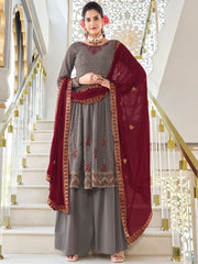 Grey Embroidered Partywear Sharara-Style-Suit - Inddus.com