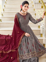 Grey Embroidered Partywear Sharara-Style-Suit - Inddus.com
