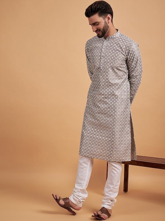 Grey Ethnic Motif Embroidered Chikankari Straight Kurta - Inddus.com