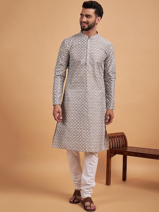 Grey Ethnic Motif Embroidered Chikankari Straight Kurta - Inddus.com