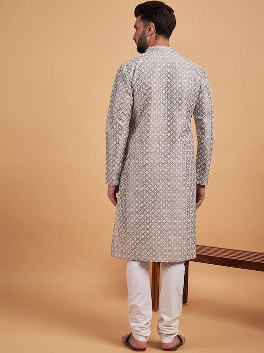 Grey Ethnic Motif Embroidered Chikankari Straight Kurta - Inddus.com