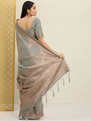 Grey Ethnic Motifs Zari Woven Embellished Saree - Inddus.com