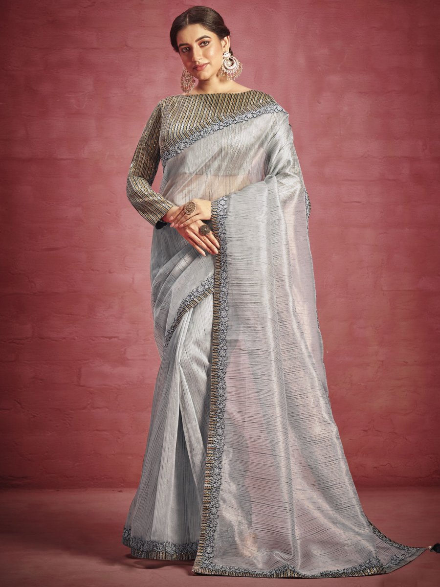 Grey Fancy Fabric Designer Saree - Inddus.com