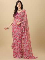 Grey Floral Printed Ruffle Saree With Blouse Piece - Inddus.com