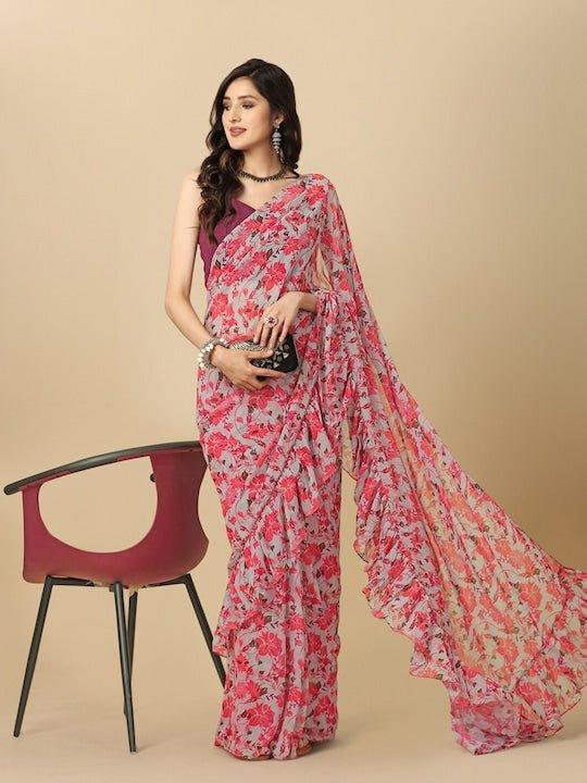 Grey Floral Printed Ruffle Saree With Blouse Piece - Inddus.com