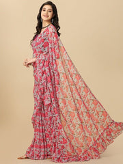 Grey Floral Printed Ruffle Saree With Blouse Piece - Inddus.com