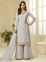 Grey Georgette Embroidered Palazzo Suit - inddus-us