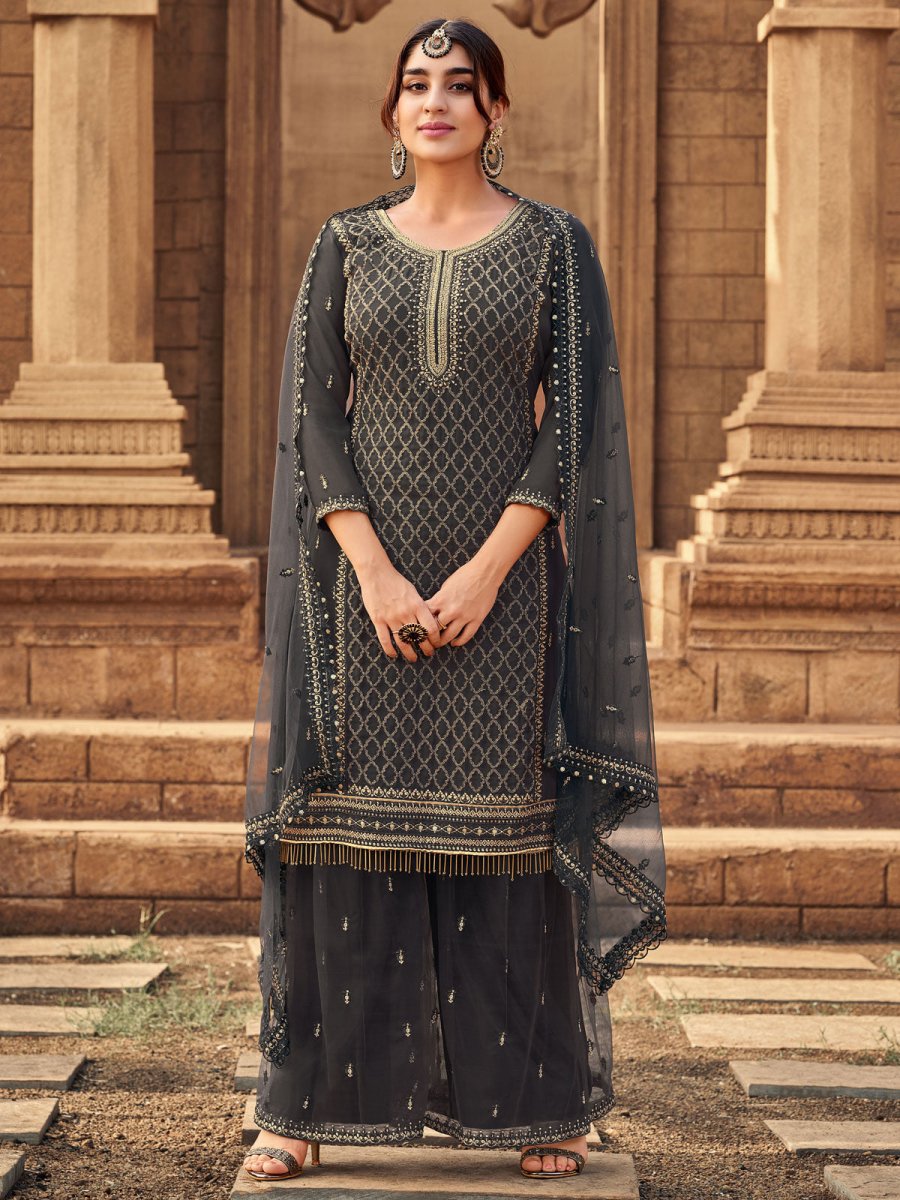 Grey Georgette Embroidered Partywear Palazzo Suit - Inddus.com