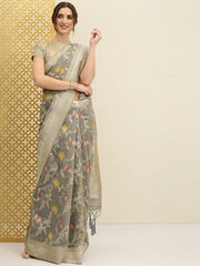 Grey & Gold-Toned Floral Jaal Woven Zari Saree - Inddus.com