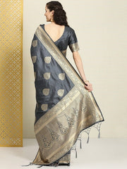 Grey & Golden Ethnic Motif Zari Woven Silk Blend Banarasi Saree - Inddus.com