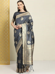 Grey & Golden Ethnic Motif Zari Woven Silk Blend Banarasi Saree - Inddus.com