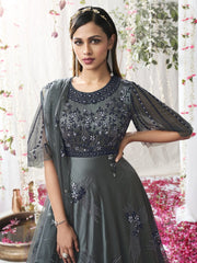 Grey Net Designer Gown Suit - Inddus.com