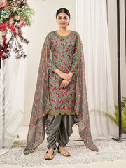 Grey Net Embroidered Partywear Patiala-Suit - Inddus.com