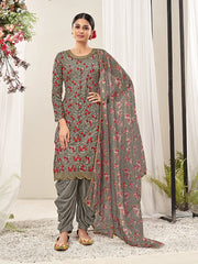 Grey Net Embroidered Partywear Patiala-Suit - Inddus.com