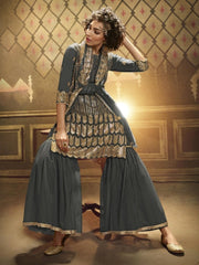 Grey Net Embroidered Partywear Sharara Suit - inddus-us