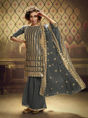 Grey Net Embroidered Partywear Sharara Suit - inddus-us