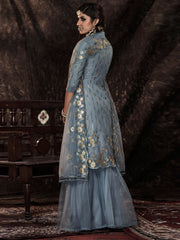 Grey Net Embroidered Sharara-Style-Suit - Inddus.com