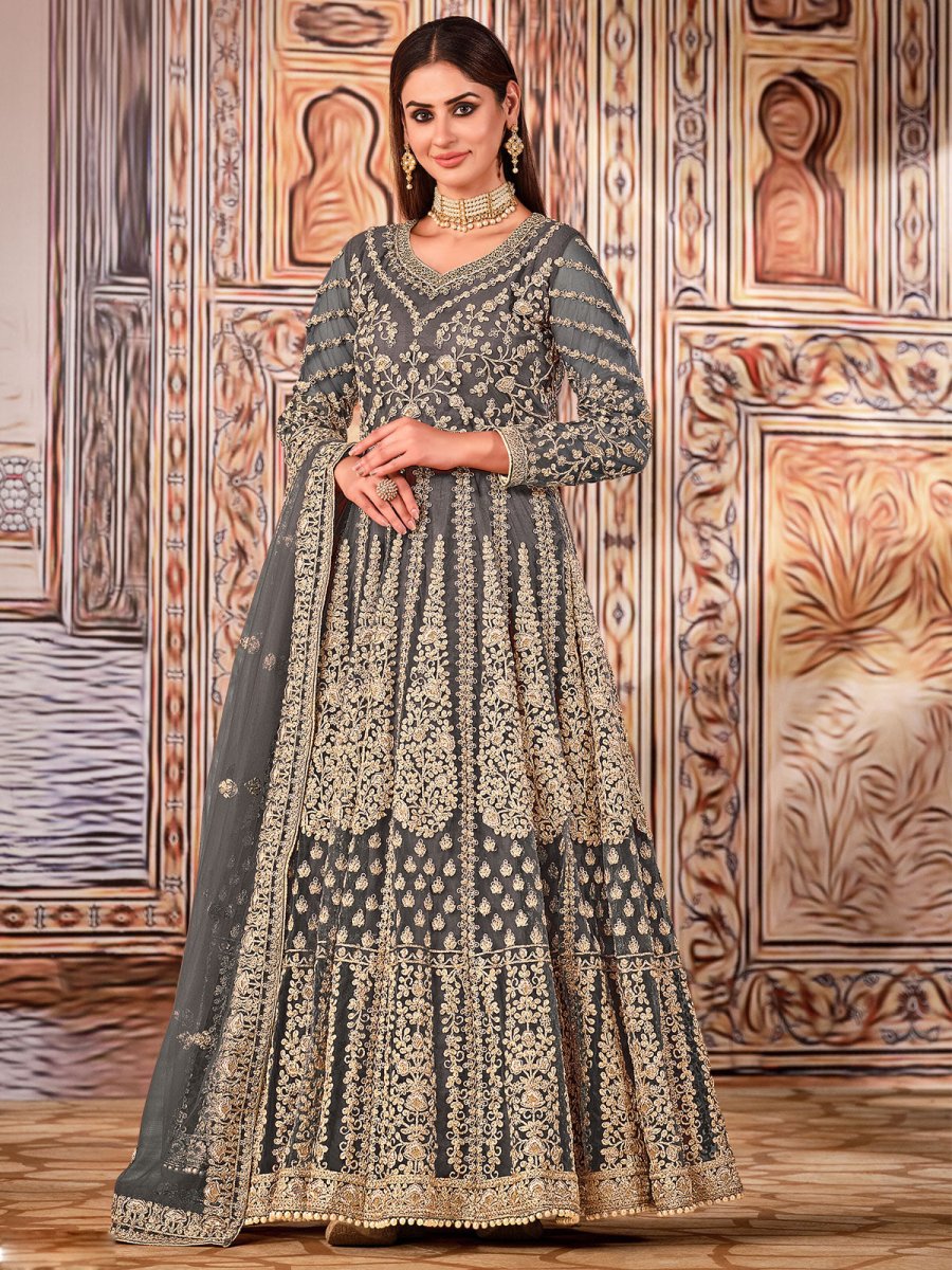 Grey Net Festive Wear Anarkali Suit - Inddus.com