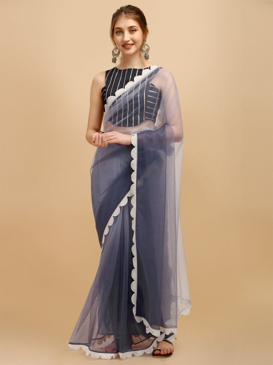 Grey Net Saree with Embroidered Border & Blouse Piece - Inddus.com