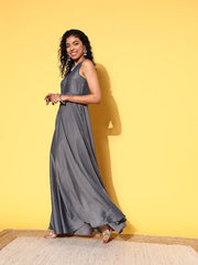 Grey & Peach-Coloured Maxi Dress With Mukaish Embroidered Jacket - Inddus.com
