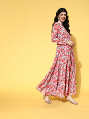 Grey & Peach Fit and Flared Floral Printed Gown - Inddus.com