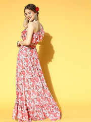 Grey & Peach Georgette Floral Printed Top & Skirt Co-ords Set - Inddus.com
