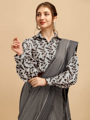 Grey Printed Saree - Inddus.com