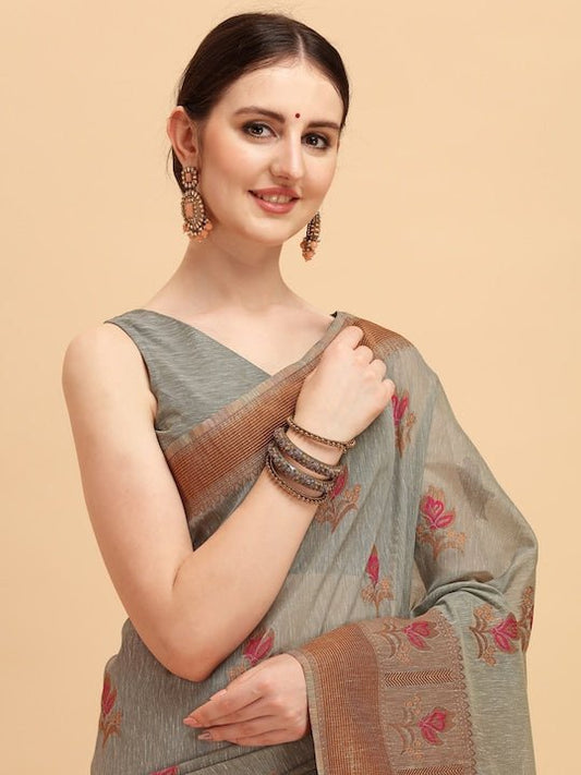 Grey & Red Ethnic Motifs Embroidered Cotton Blend Saree - Inddus.com