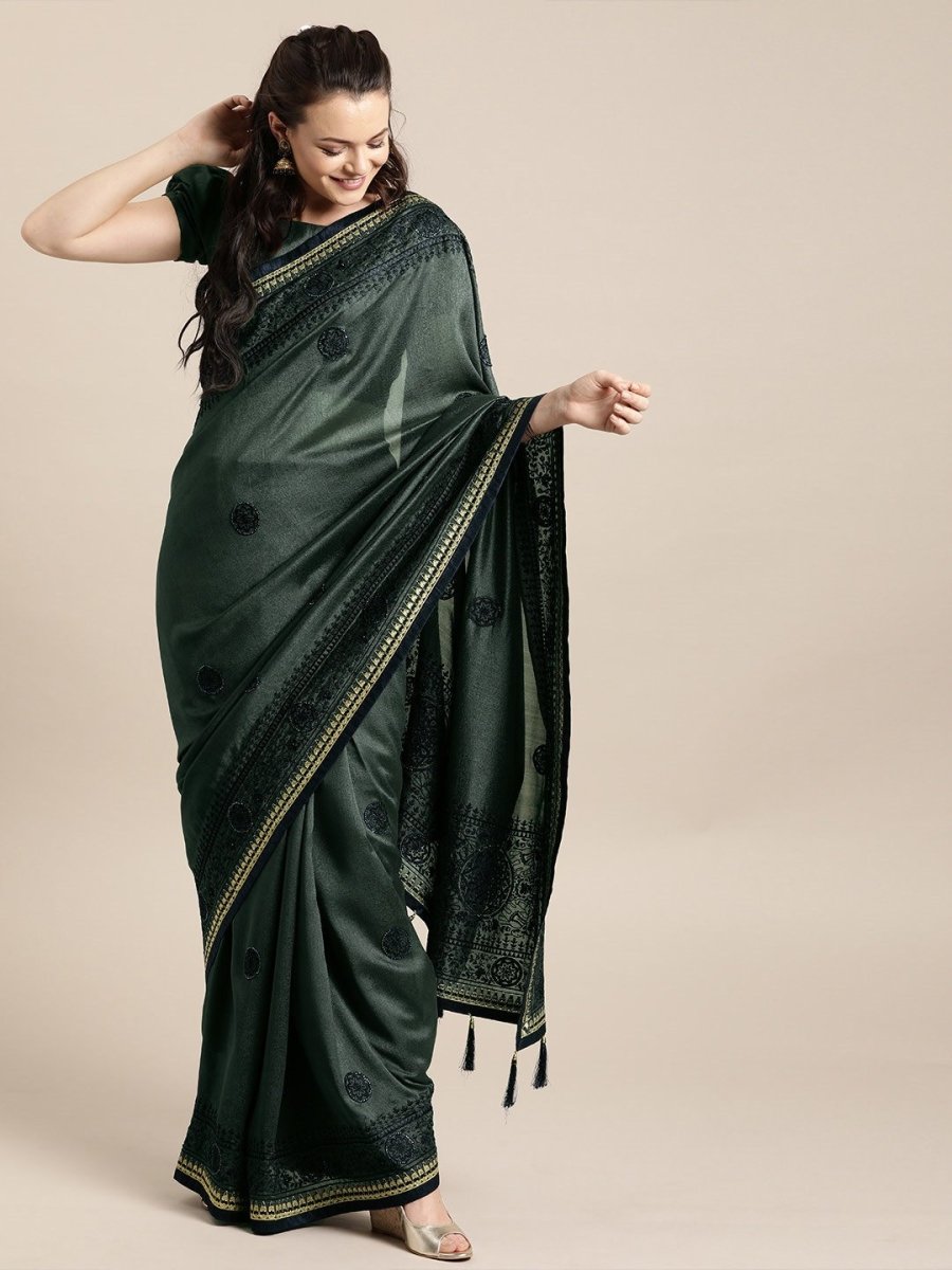 Grey Silk Blend Embroidered Party Wear Traditional Saree - inddus-us