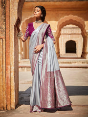Grey Silk festive wear Saree - Inddus.com