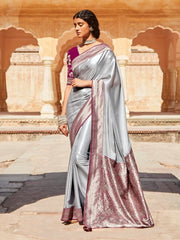 Grey Silk festive wear Saree - Inddus.com