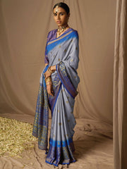 Grey Soft Silk Woven Design Saree - Inddus.com