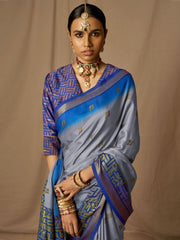 Grey Soft Silk Woven Design Saree - Inddus.com