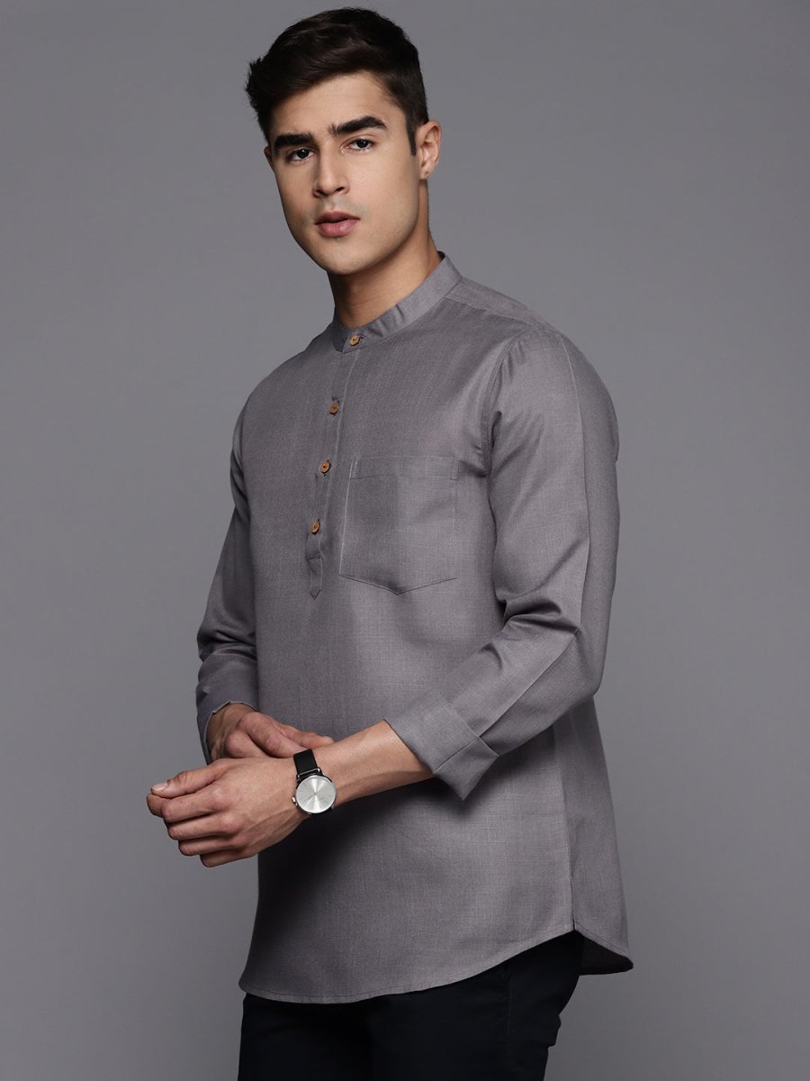 Grey Solid Linen Blend Kurta - Inddus.com