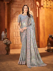 Grey Women Floral Embroidered Satin Saree - Inddus.com