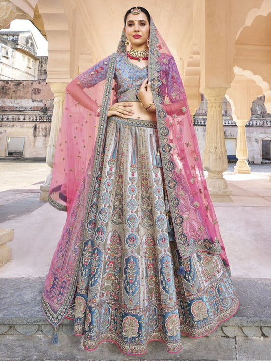 Ice Blue Velvet Embroidered Lehenga Choli - Inddus.com