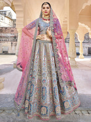 Ice Blue Velvet Embroidered Lehenga Choli - Inddus.com