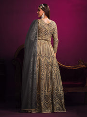 Incredible Grey Net Embroidered Partywear Gown - Inddus.com