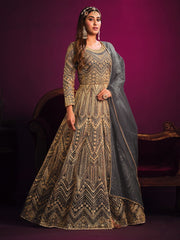 Incredible Grey Net Embroidered Partywear Gown - Inddus.com