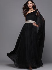 Inddus Black Solid One-Shoulder Maxi Dress with Attached Dupatta