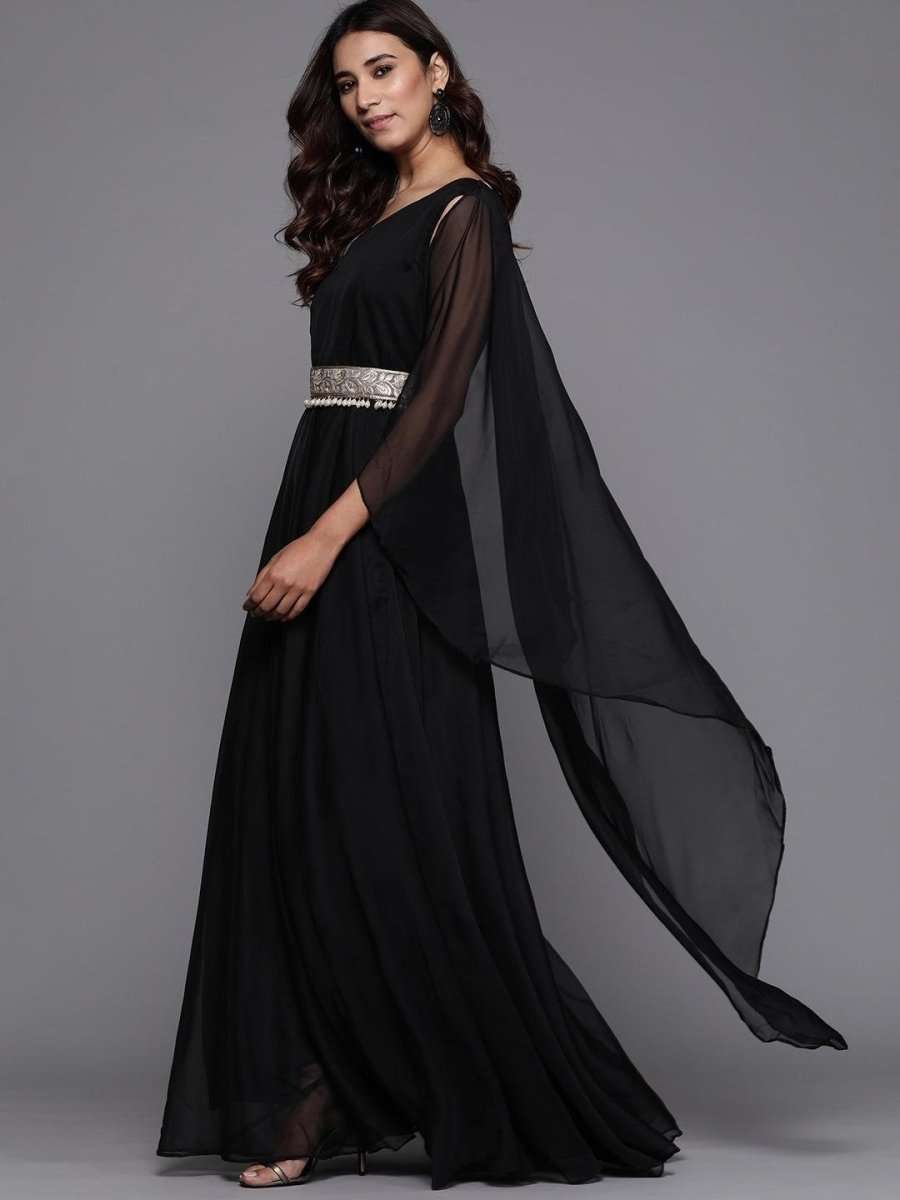 Inddus Black Solid One-Shoulder Maxi Dress with Attached Dupatta Inddus Black Solid One-Shoulder Maxi Dress with Attached Dupatta