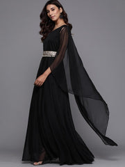 Inddus Black Solid One-Shoulder Maxi Dress with Attached Dupatta - inddus-us