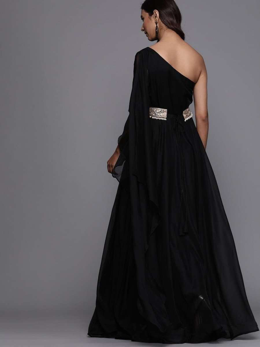 Inddus Black Solid One-Shoulder Maxi Dress with Attached Dupatta Inddus Black Solid One-Shoulder Maxi Dress with Attached Dupatta